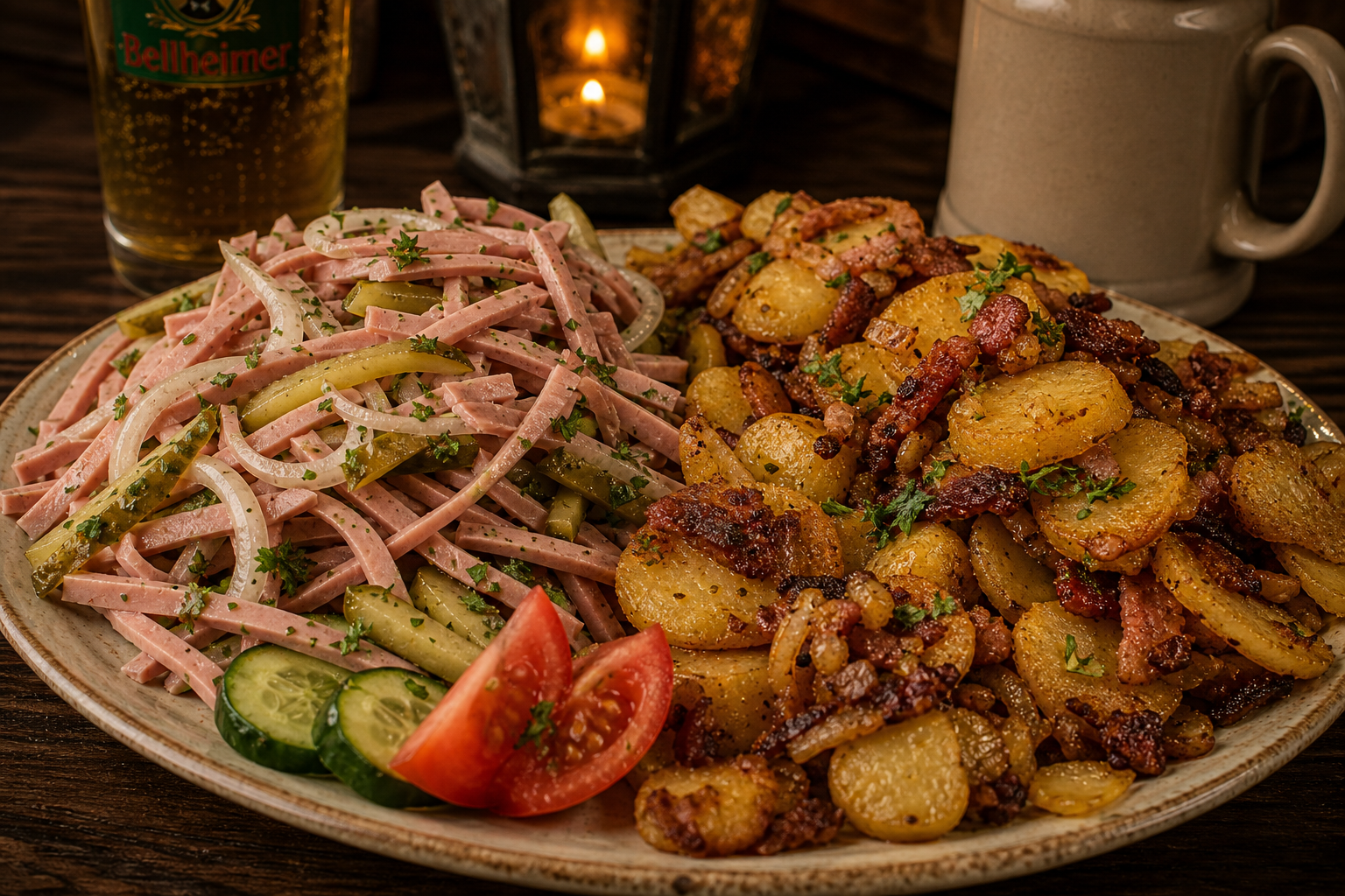 Wurstsalat mit Bratkartoffeln